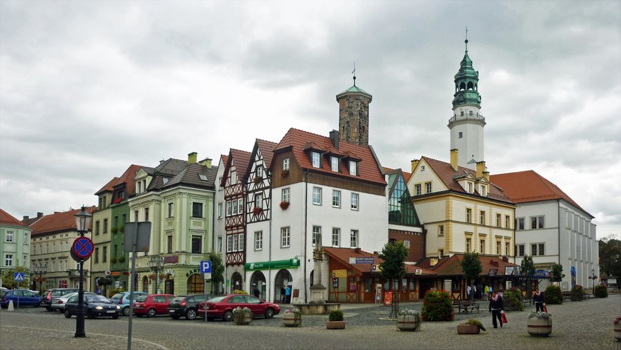Market square in Lubań, Poland